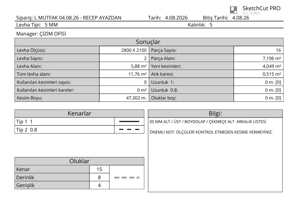 arkalik kesim listesi - 3D Çizim ve Üretim Paketi