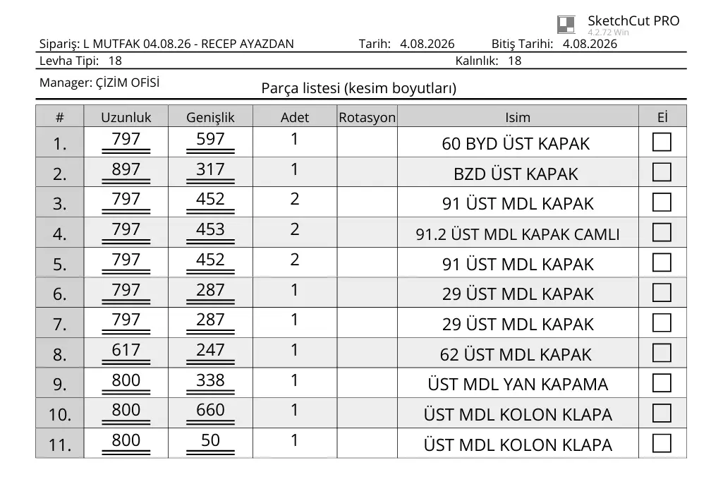 kapak kesim listesi 01 - 3D Çizim ve Üretim Paketi