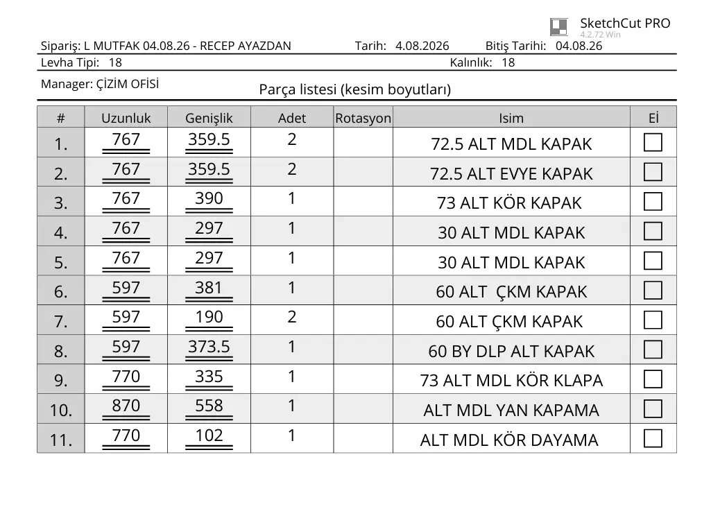 kapak kesim listesi 03 - 3D Çizim ve Üretim Paketi